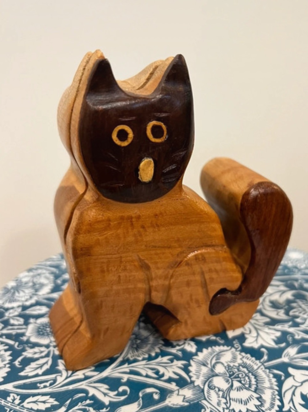 Handcrafted Two-Tone Wooden Cat Puzzle Box. 4 Pieces
